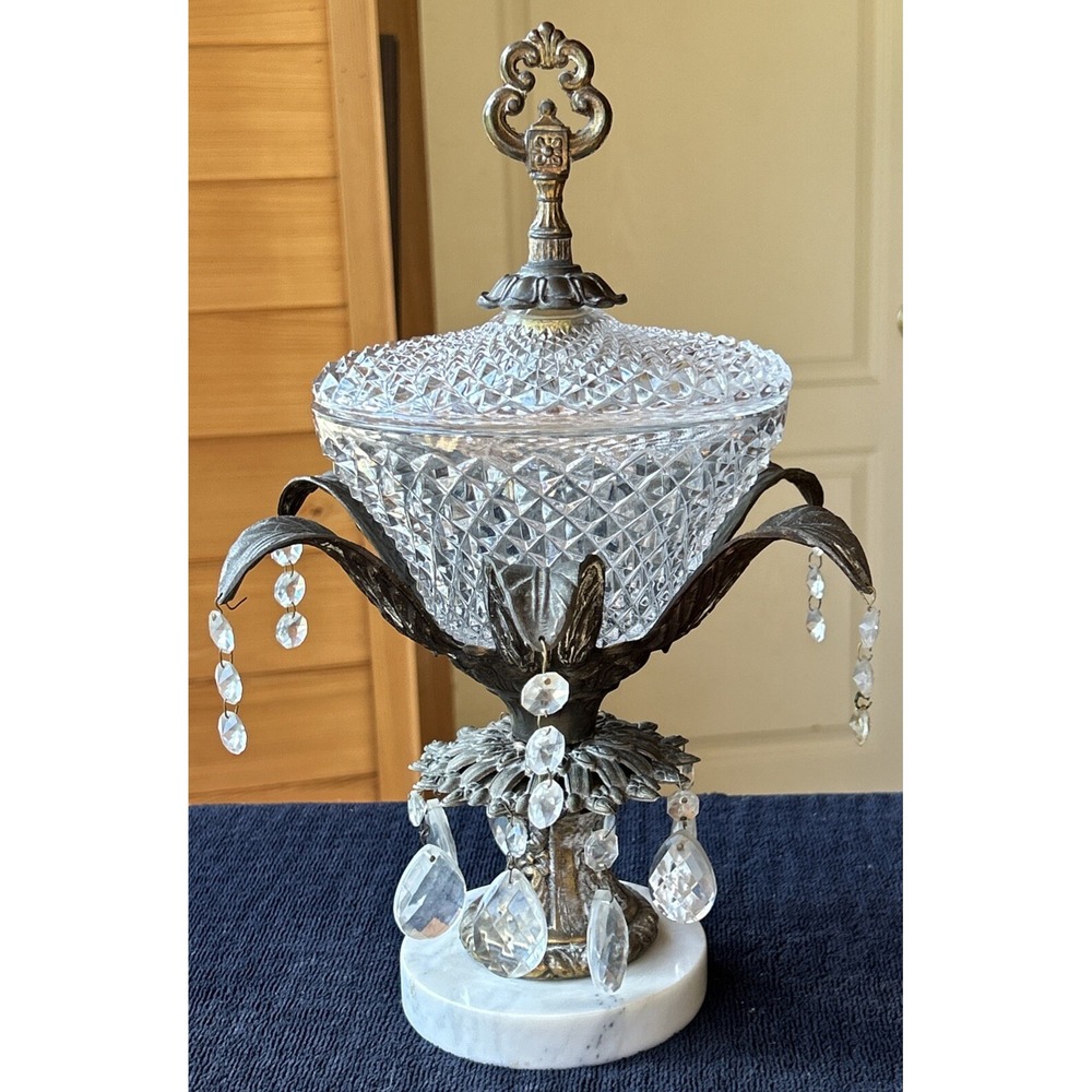 Vintage  Hollywood Regency  Compote Brass Glass Bowl  prisms